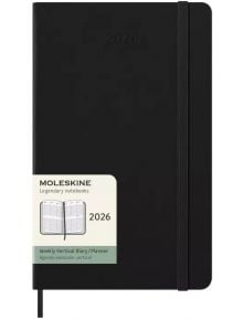 Класически черен седмичен тефтер-органайзер Moleskine Black 2026 с твърди корици, етикет с марката и година, седмичен изглед (Weekly Vertical Diary) на английски и френски.