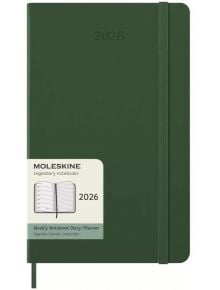 Класическият зелен седмичен тефтер-органайзер Moleskine Myrtle Green 2026 г. С твърди корици има ластик за затваряне, етикет с лого Moleskine и изображение на вътрешните страници на органайзера.