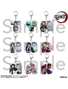 Девет убийци на демони: Kimetsu no Yaiba Chain B акрилен ключодържател ключодържатели, всеки с уникален герой на цветен фон и неговото име, са изложени в три реда със сребърни халки, прикрепени в горната част.