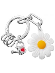 Ключодържател Metalmorphose - Daisy със сребрист ринг, бяло цвете маргаритка с жълт център и малка сребриста лейка с червено сърце.