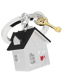 Ключодържател Metalmorphose - Home Sweet Home: метален аксесоар с малка бяла къща, черен покрив и червено сърце на вратата, прикрепена към халка с позлатен ключ-идеален подарък за нов дом.