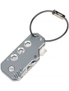 Многофункционален инструмент Troika Keytool, сив ключодържател с три кръгли отвора, частично открито острие и черна кабелна примка с метална закопчалка.