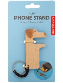 Ключодържател-поставка за мобилен телефон Kikkerland - Куче е дървен аксесоар във форма на куче, подходящ за ключове и поддържане на телефона, доставен в синя опаковка с изображение как държи телефон и ключове.