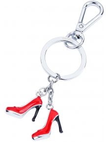 Сребърен ключодържател Troika - Pumps с две малки червени обувки на ток, голям кръгъл ринг и метален карабинер - стилен аксесоар и модерен подарък.