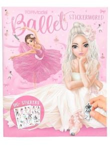 Корицата на Книжка със стикери Top Model - балет показва илюстрирана балерина в розова пачка и момиче в бяла рокля с цветя в косата, а в ъгъла ръка държи балетни стикери.
