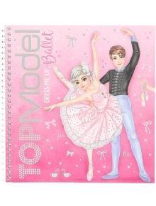 На розовата корица на тетрадката има балерина в розова пачка и мъж танцьор в черно и синьо. Вляво е изписано "Книжка със стикери Top Mode - балет, облечи ме", а в долната част - два лебеда, балетни пантофки и детайли от стикера.