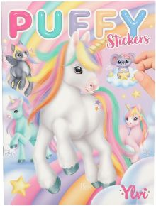 Книжка със стикери Ylvi Puffy: на цветната корица има бял еднорог с дъгова грива до други еднорози, малко крилато конче и сладко животинче върху облак на пастелен фон с дъга.