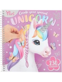 Книжката със занимания в спирала "Книжка със стикери Ylvi Unicorn - облечи ме" включва голям илюстриран еднорог с дъгова коса, пеперуди и звезди върху розова корица. Включва 230 стикера, с които да създадете своя специален еднорог.