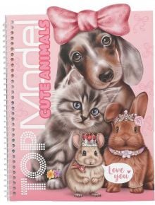 Розова корица на спираловидна тетрадка от "Книжка със стикери за обличане Top Model - Cute animals" с куче с голяма панделка, коте, плюшени животни, мишка с корона и зайче с диадема. Текст: Текст: TOPModel CUTE ANIMALS и Love you in a heart.