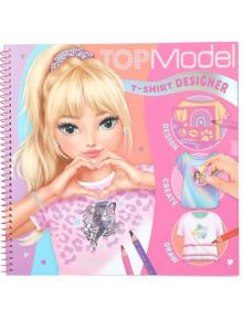 Илюстрираната корица на "Книжка за оцветяване Top Model - създай своя тениска" показва русо момиче, което прави сърце с ръце, цветни мотиви на тениски, моливи и дъга на розов фон.