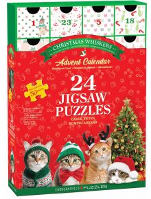 The Коледен адвент календар Eurographics - Коледни котенца, 24 х 50 части включва 24 пъзели с котки, всеки с празнична украса и номерирани вратички - перфектен за весели коледни изненади всеки ден!.