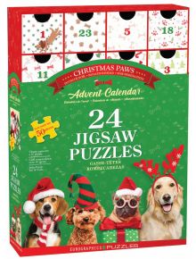 Коледен адвент календар Eurographics - Коледни лапички, 24 х 50 части включва 24 пъзела на тема кучета с празнични сцени и номерирани врати.