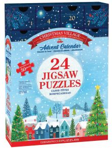 Празничен "Коледен адвент календар Eurographics - Коледно селище, 24 х 50 части" с коледна сцена, дървета и къщи и номерирани вратички от 1 до 24 за всеки ден.