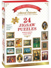 Кутия за Коледен адвент календар Eurographics - Шедьоври, 24 х 50 части с 24 художествени пъзела на известни шедьоври. На кутията са изобразени класически картини и е посочено "Над 50 части" за всеки пъзел на английски, испански и френски език.