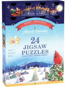 Коледен адвент календар Eurographics - Весела Коледа, 24 х 50 части, включва шейната на Дядо Коледа над заснежени къщи, номерирани врати с празнични изображения като кардинал и коледна елха, както и поздравления на няколко езика.
