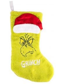 Коледен чорап Fizz Creations - Гринч е яркозелен плюшен чорап с лика на Гринч в червена шапка на Дядо Коледа и бродерия "GRINCH" - идеален за празничната ви украса.