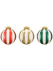 Три кръгли фолиеви балона PartyDeco "Коледни топки" с вертикални райета в червено-бяло, златно-бяло и зелено-бяло, всяка с блестящо златна корона - идеални за впечатляваща парти декорация.