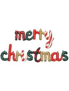 Коледен фолиев балон PartyDeco - Весела Коледа включва празнични балони от фолио с надпис "Весела Коледа" в червени, зелени и златни шарки - перфектна празнична декорация на бял фон.