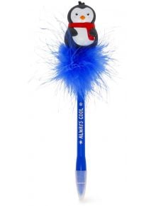 Коледна химикалка Legami - С пухче, Penguin: светеща химикалка със син пух и пингвин с червен шал, с надпис GOOD SANTA! върху цилиндъра.