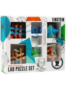 Кутията на Комплект 3D пъзели Професор Пъзел: Айнщайн, геометричен дизайн и прозорчета с видими пъзели.
