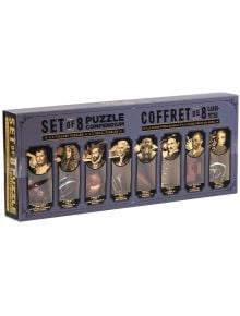 Комплект 3D пъзели Професор Пъзел - Велики умове, 8 бр: Дървени и метални логически пъзели с портрети на знаменити личности като Наполеон, Касини, Дюма, Джеферсън, Едисон, Ван Гог, Тесла и Пикасо.