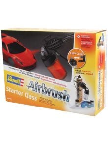Комплект аерограф Revell Starter Class, 10 части, е идеален за начинаещи и включва всичко необходимо за старт: аерограф, бурканче боя и аксесоари - перфектен избор за боядисване с матови лакове и бои.