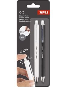 Комплект автоматични моливи Apli Infinite HB - бял и черен: два автоматични молива с безкраен графит и твърдост HB, показани в опаковка. Натискането отгоре позволява писане без прекъсване-истински безкрайно изписване.