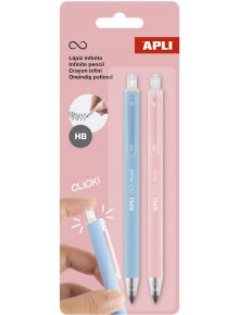 The Комплект автоматични моливи Apli Infinite HB - розов и син е показан в опаковката; ръка щраква горната част на синия молив. Текстът подчертава безкраен графит, а има и кръг с обозначение HB.