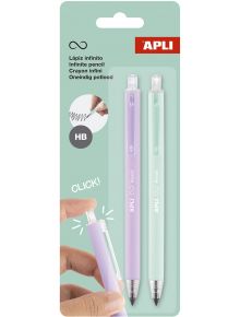 Комплект автоматични моливи Apli Infinite HB - зелен и лилав е показан в опаковката. Ръката щраква, за да разшири безкраен графит на върха. Многоезичен текст описва продукта.
