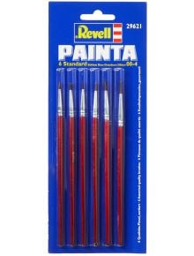 Синият блистер на Revell PAINTA, артикул 29621, съдържа комплект четки Revell, 6 бр. - шест четки за боядисване с червена дръжка с различни тънки размери, със сребърни накрайници и естествен косъм от животински косми.