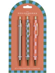 Комплект химикалки DesignWorks Ink с три стилни химикалки с черно мастило и златни акценти. В книжарница Orange ще откриете този сет в оранжева опаковка с синя ивица и дизайни на черти в черно, зелено и оранжево.
