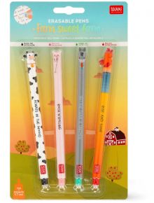 Комплект изтриваеми гел химикалки Legami - Farm Sweet Farm, 4 бр., съдържа четири цветни химикалки с дизайни на крава, прасе, овца и петел и забавни надписи, в пластмасова опаковка.