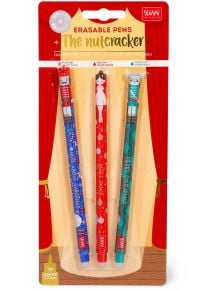 Комплект изтриваеми гел химикалки Legami - The Nutcracker, 3 бр.: три химикалки с коледни дизайни на Лешникотрошачката, балерина и мишка в празнична опаковка с червени завеси.