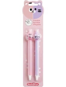 Комплект изтриваеми химикалки Miquelrius Back2Fun, коте и тигър: 2 пастелни химикалки с термочувствително мастило, в розова опаковка с лапички и анимационен котарак.
