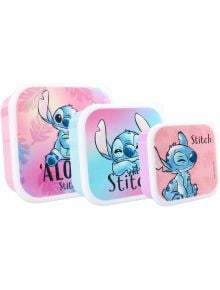 Три кутии за храна в пастелни цветове с участието на Stitch от Vadobag Stitch, налични в книжарница Orange. Във всяка кутия е изобразена различна поза на Stitch на розов, син и лилав фон с мотиви на тропически листа.