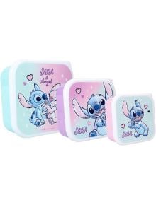 Три пастелни комплекта кутии за храна от Vadobag Stitch Let's Eat с илюстрации на Стич и Ейнджъл от "Лило и Стич" на Дисни, всеки украсен със сърца и имената им. Открий ги в книжарница Orange.