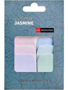 Комплект лепящи листчета Miquelrius Golden Jazmine съдържа пастелни листчета в розово, лилаво, синьо и зелено, видими през прозорец на опаковка с флорален дизайн.