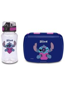 Комплект Seven Lilo & Stitch - бутилка и кутия за храна с дизайн на Stitch с розово сърце и намигване, надпис "Stitch" - идеален избор за феновете на Дисни!.