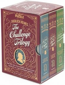 Игра Професор Пъзел: Включете се в списъка с 3 книги с украсени червени, сини и зелени гръбчета със златни надписи и силует на Шерлок Холмс - перфектен избор за любители на мистериозни пъзели.