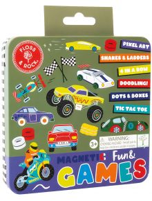 Цветна ламаринена кутия с коли, мотоциклет и игри като Pixel Art и Snakes & Ladders. Комплект магнитни игри Floss & Rock Fun - Cars е идеален за деца на възраст 3+ и е идеален за игри за пътуване.