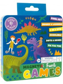Комплект магнитни игри Floss & Rock Fun - Dino включва шарена тенекиена кутия с динозаври и класически игри: змии и стълби, 4 в редица, рисуване, точки и квадратчета, морски шах. За деца 3+.