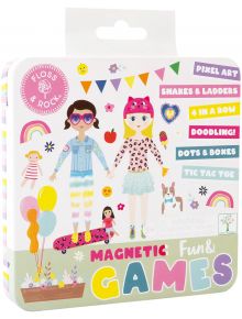 Комплектът магнитни игри Floss & Rock Fun - Dolls представлява цветна кутия с две кукли, които се държат за ръце, и игриви графики, включващи игри като пиксел арт, змии и стълби, 4 в ред и тик-так.
