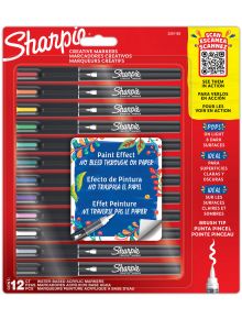 Пакет от 12 акрилни маркера с креативен накрайник с четка Sharpie в разнообразни цветове, с прозрачен капак и синя вложка, описваща ефекта на боята за светли и тъмни повърхности - идеален избор от книжарница Orange. Включва сканируем QR код в горния десен