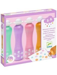 Комплект маркери за оцветяване с точки Djeco, 4 перлени цвята - големи, миещи се пастелни маркери, подходящи за деца от 3 до 6 години. Създават се цветни точки в лилаво, синьо, розово и оранжево.