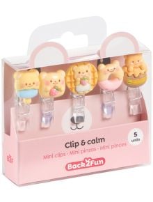 Комплект мини-скоби Miquelrius Back2Fun – мечета: 5 броя, всяка с усмихнато мече, в розова опаковка Clip & calm — идеални цветни офис аксесоари за освежаване на работното пространство!.