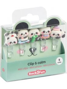 Комплект мини-скоби Miquelrius Back2Fun – панди: пет скоби с весели панди с различни аксесоари в зелена опаковка с изображение на панда – чудесен аксесоар за бюрото!.