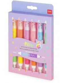The Комплект от 6 двувърхи маркера Legami - Meow включва пастелни маркери с котешки лапички в жълто, оранжево, розово, лилаво, синьо и зелено.