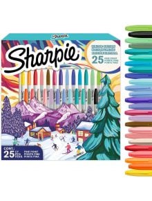 Комплект перманентни маркери Sharpie Winter Holiday, 25 цвята с цветни капачки и зимна илюстрация на опаковката. Маркерите са подредени в редица, показващи разнообразие от ярки цветове.