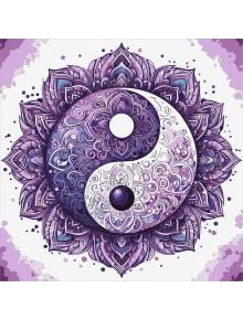 Комплект за лесно рисуване с акрилни бои Ideyka - Мандала Ин-Ян, 40 х 40 см: картина с орнаменти от лилаво и бяло, заобиколена от лотоси и флорални мотиви-идеален ръчно изработен подарък.