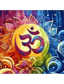 Цветна цифрова илюстрация на символа Мандала Ом, разположен в центъра на лъчисто жълто, с шарки на мандала и лотосови цветя - перфектна като уникален ръчно изработен подарък с Комплект за лесно рисуване с акрилни бои Ideyka - Мандала Ом, 40 х 40 см.
